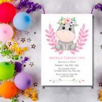 Pink Leaf Cute Hippopotamus Floral 2e anniversaire