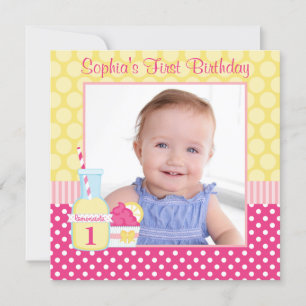 Invitation Pink Lemonade Polka Dot 1er Anniversaire Photo