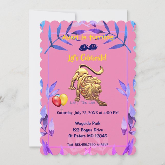 Invitation Pink Leo (23 juillet - 22 août) anniversaire Invit (Devant)