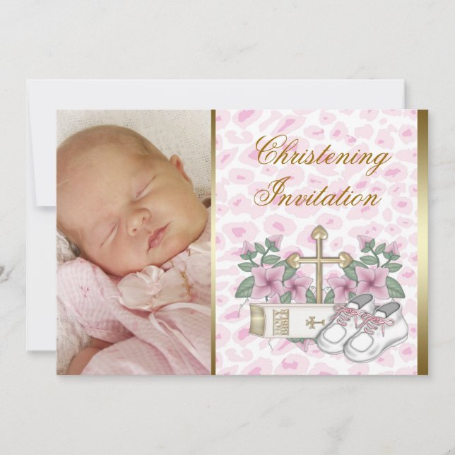 Invitation Pink Leopard Baby Girl Photo Christening (Devant)