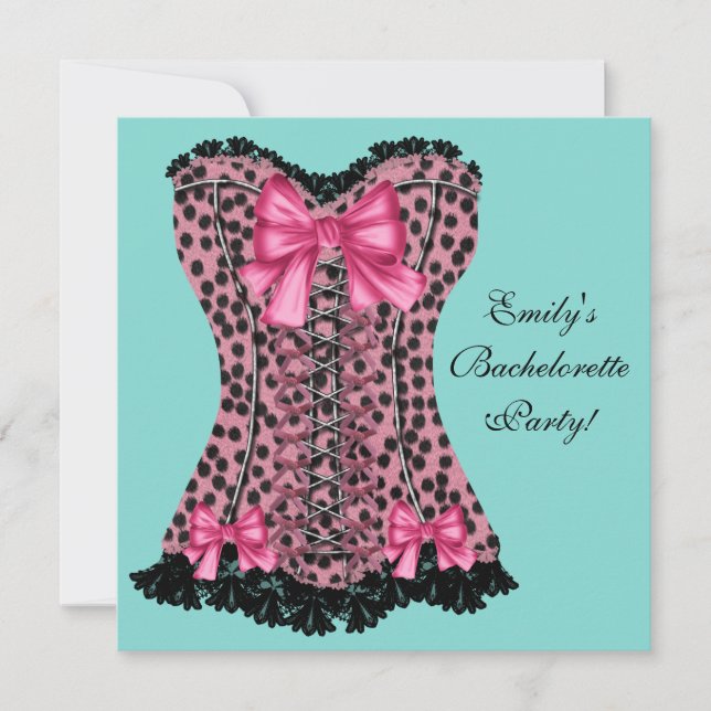 Invitation Pink Leopard Corset Turquoise Blue Bachelorette (Devant)