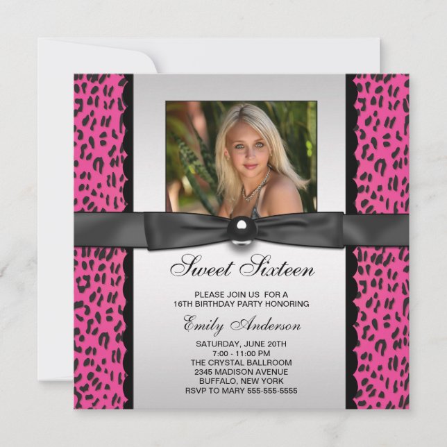 Invitation Pink Leopard Photo Sweet 16 Anniversaire (Devant)