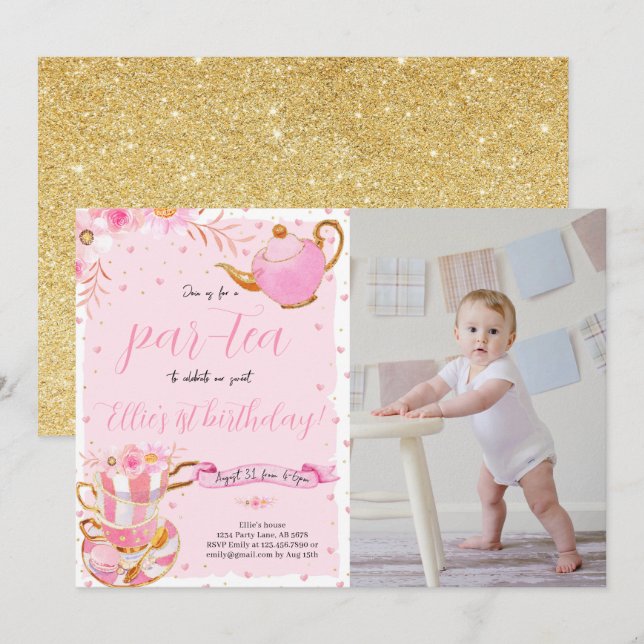 Invitation Pink Let's Par-tea Tea Anniversaire Photo (Devant / Derrière)