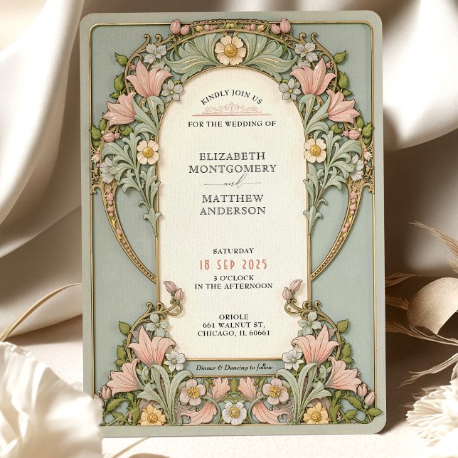 Invitation Pink Lilies Printemps Art Nouveau Mariage (Créateur téléchargé)