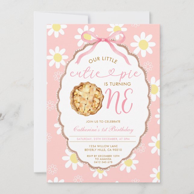 Invitation Pink Little Cutie Pie First Birthday Daisy Floral (Devant)