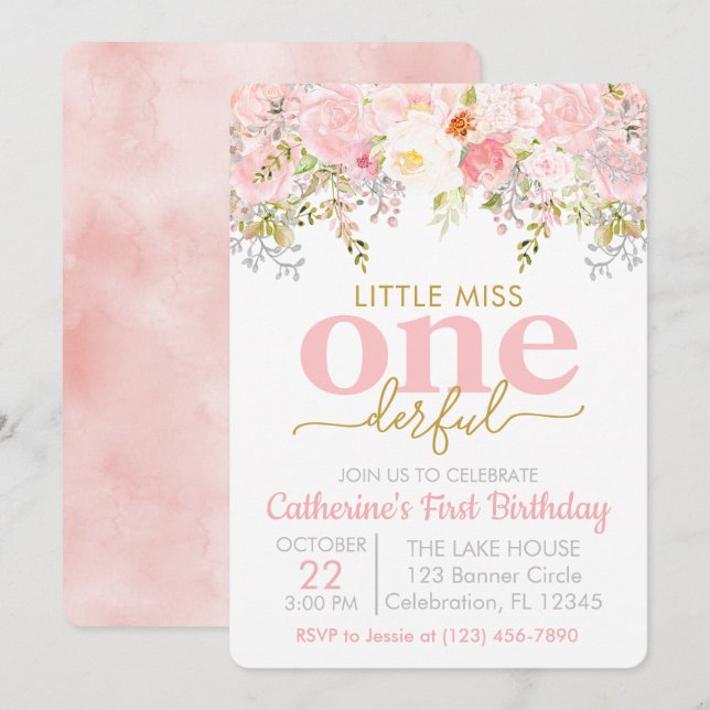 Invitation Pink Little Miss ONE derful Girl Premier anniversa (Devant / Derrière)