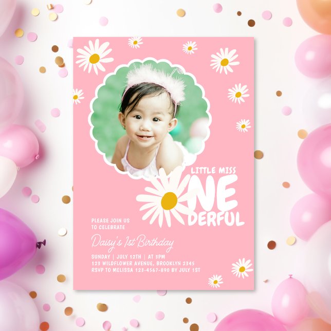 Invitation Pink Little Miss ONEderful Daisy Photo Anniversair (Créateur téléchargé)