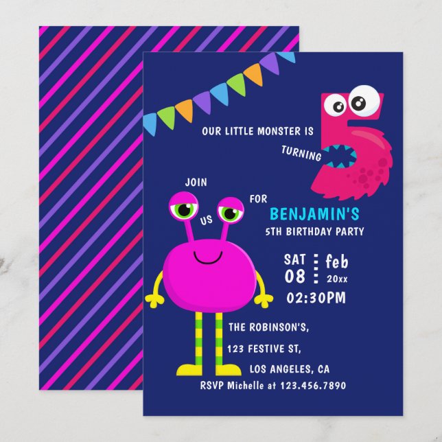 Invitation Pink Little Monster 5e fête d'anniversaire (Devant / Derrière)