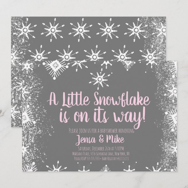 Invitation Pink Little Snowflakes SnowScript Baby shower (Devant / Derrière)