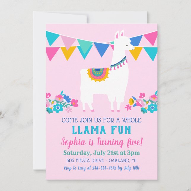 Invitation Pink Llama Fun Girl Anniversaire Fête (Devant)
