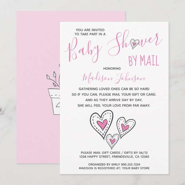 Invitation Pink Love Hearts Girl Baby shower par courrier (Devant / Derrière)