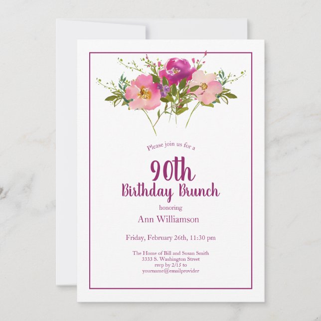 Invitation Pink Magenta Floral 90e Anniversaire Brunch (Devant)