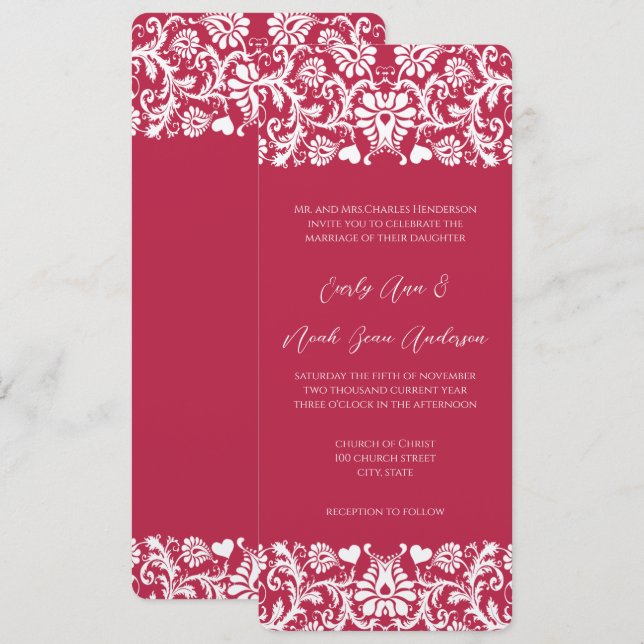 Invitation Pink Magenta Victorian Floral Mariage damassé (Devant / Derrière)