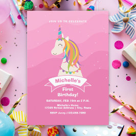 Invitation Pink Magic Rainbow Unicorn Baby 1er anniversaire