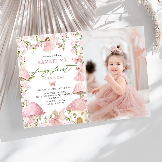Invitation Pink  Magical Forest Fairy First Birthday Photo (Créateur téléchargé)