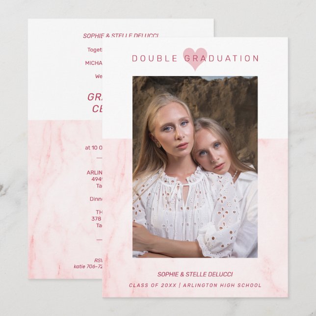 Invitation Pink Marble Effect Romantic Photo Twins Graduation (Devant / Derrière)