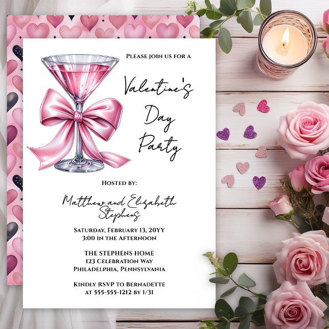 Invitation Pink Martini Coquette Bow Valantine's Day Party (Valentine’s Day Party Invitation | Pink Martini Bow Couple’s Valentine Invite -- Print | Digital)