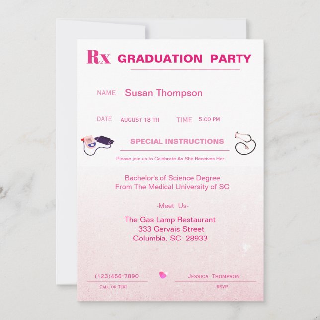 Invitation Pink Médicale Prescription Pad Graduation (Devant)