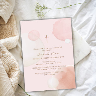 Invitation Pink Minimal Aquarelle Boho Gold Cross Baptême