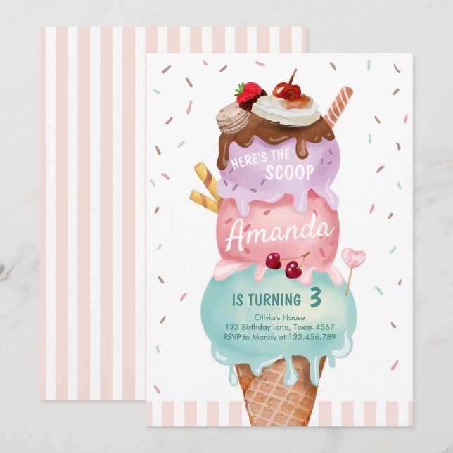 Invitation Pink Mint Crème de glace cône Scoop Anniversaire I (Devant / Derrière)