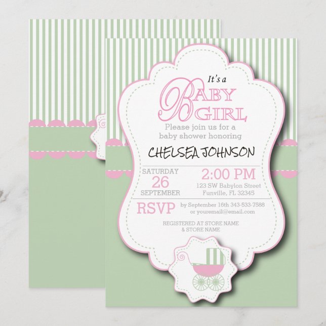 Invitation Pink & Mint Green Baby Douche Buggy (Devant / Derrière)