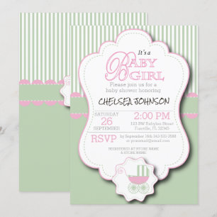 Invitation Pink & Mint Green Baby Douche Buggy