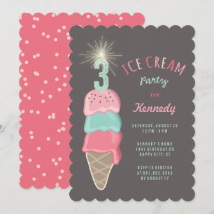 Invitation Pink Mint Ice Cream Girl 3ème anniversaire Invitat