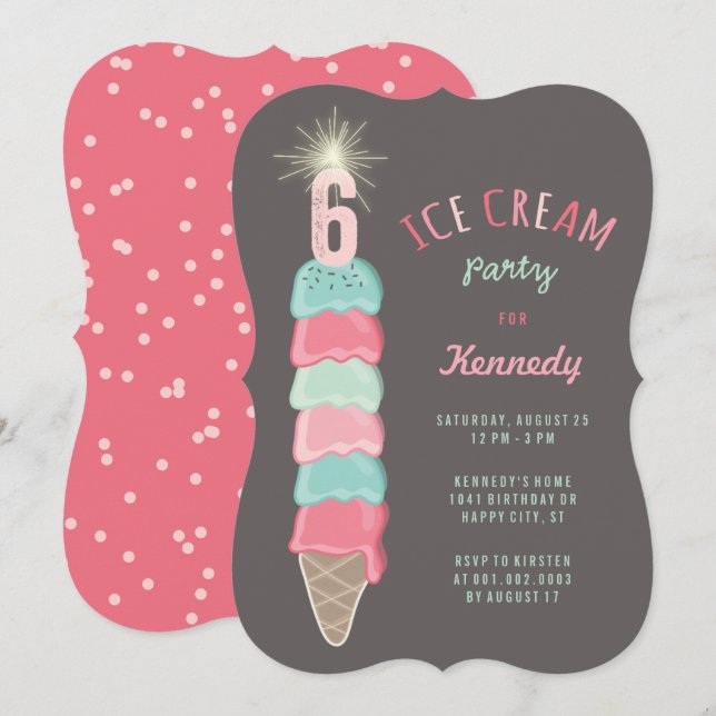 Invitation Pink Mint Ice Cream Girl 6e anniversaire Invitatio (Devant / Derrière)