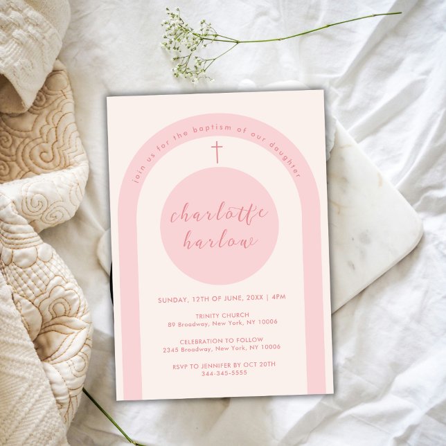 Invitation Pink Modern Boho Arch Cross Girl Baptême (Pink Modern Boho Arch Cross Girl Baptism Invitation)