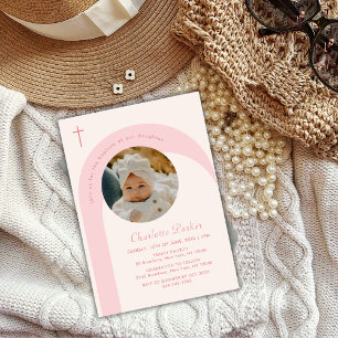 Invitation Pink Modern Boho Arch Cross Girl Photo Baptême