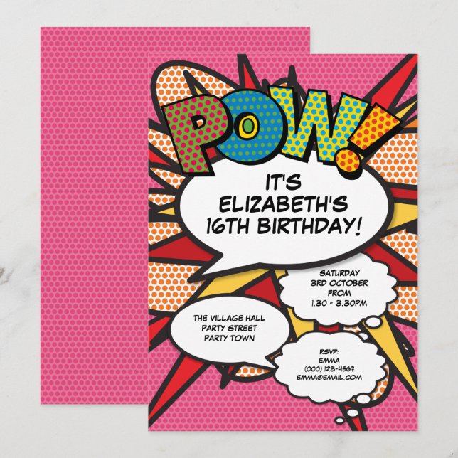 Invitation Pink Modern Fun Anniversaire Fête Comique Livre N' (Devant / Derrière)
