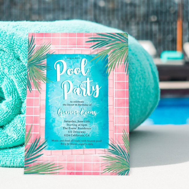 Invitation Pink moderne Tropical palm blue pool party Sweet 1 (Modern pink Tropical palm blue pool party Sweet 16 Invitation)