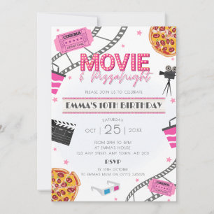 Invitation Pink Movie & Pizza Nuit Anniversaire Fête Invitati