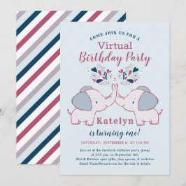 Invitation Pink & Navy adorable Elephant Virtual Birthday Par