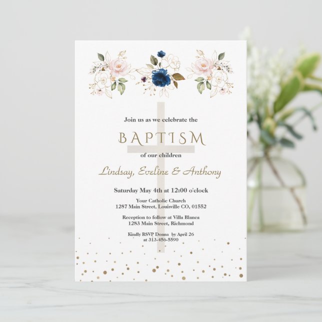 Invitation Pink Navy Blue Flowers Gold Triplets Baptism   (Debout devant)