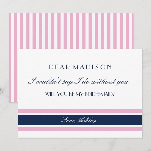 Invitation Pink & Navy Blue Stripes Serez-Vous Ma Femme D'Acc (Devant / Derrière)