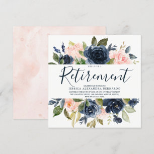 Invitation Pink Navy Blue Watercolor Flowers Retraite