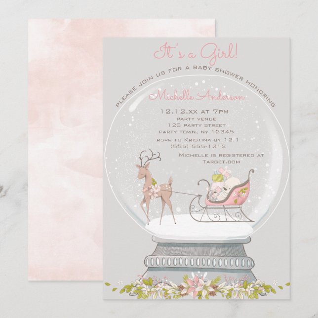 Invitation Pink Neige Globe Ours Deer Girl Baby shower (Devant / Derrière)