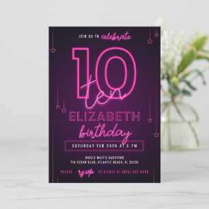Invitation Pink Neon 10e fête d'anniversaire Faisons de la fo