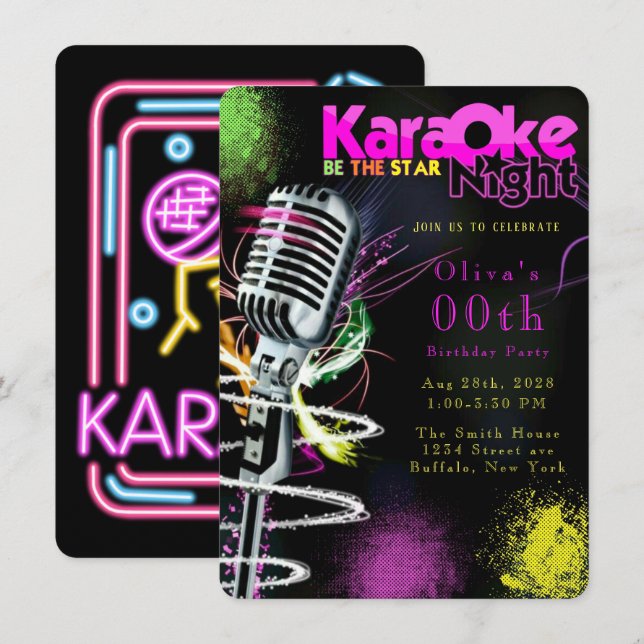 Invitation Pink Neon Black Karaoke 00e fête d'anniversaire (Devant / Derrière)