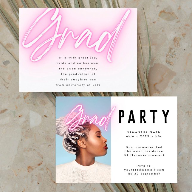 Invitation Pink Neon Elegant Ombre Grad Photo Party (Créateur téléchargé)