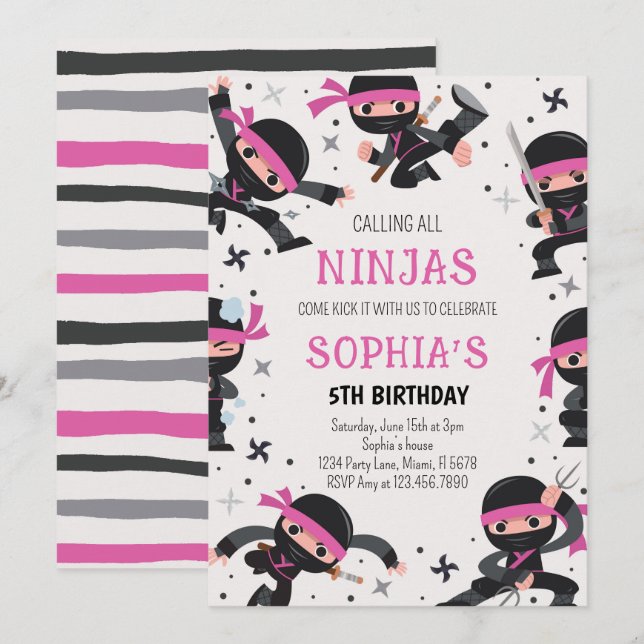 Invitation Pink Ninja Guerrier Arts Martiaux Anniversaire (Devant / Derrière)