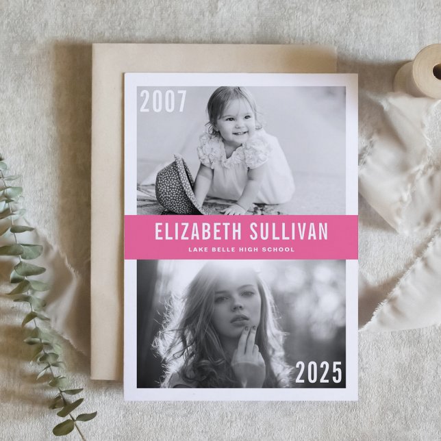 Invitation Pink Now and then Photo Collage Graduation (Customizable 'Then and Now' Photo Graduation Invitation with pink background – Personalized Invite)