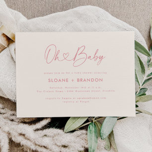 Invitation Pink Oh Baby Heart Calligraphie Baby shower simple