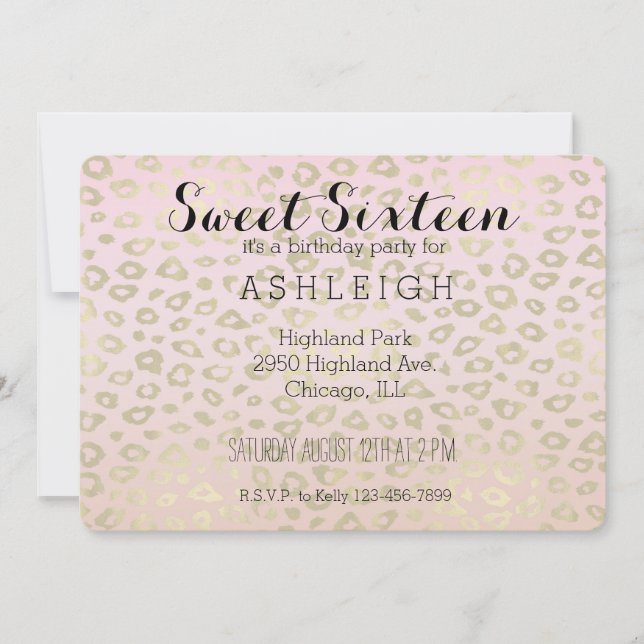 Invitation Pink Ombre Empreinte de léopard or Sweet sixteen (Devant)