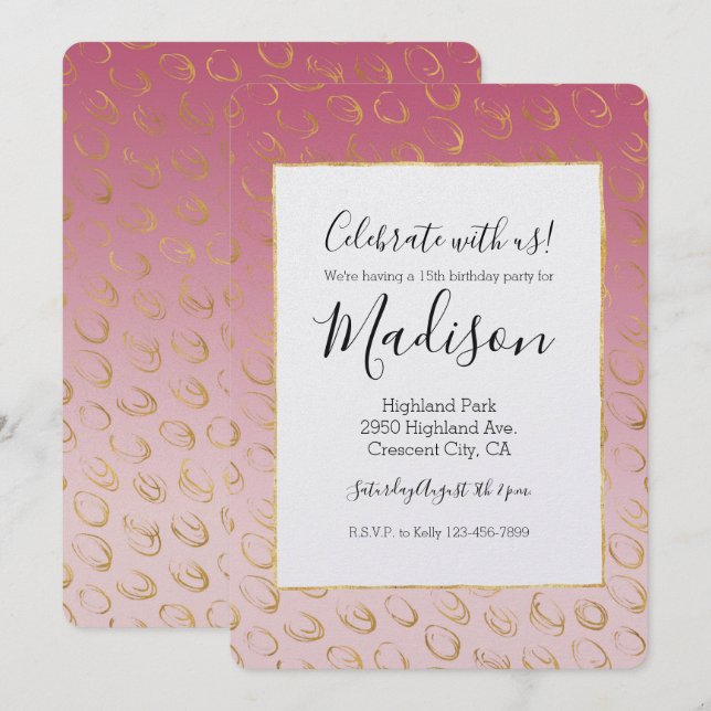 Invitation Pink Ombre Gold Chic Cercles Anniversaire (Devant / Derrière)