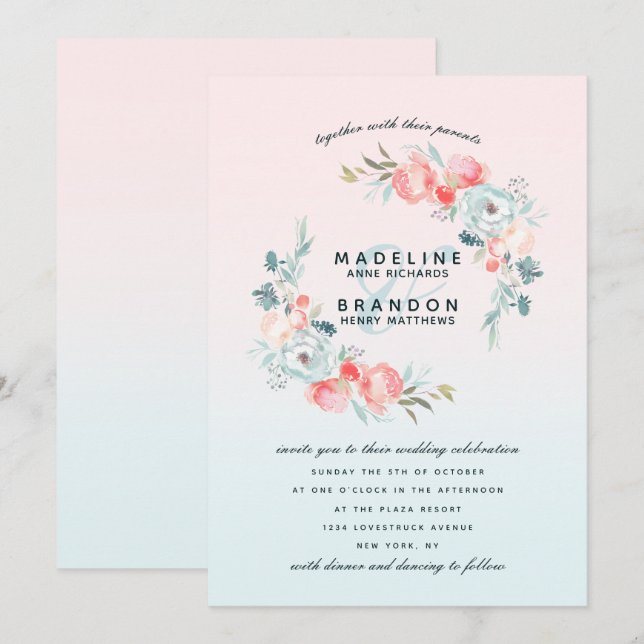 Invitation Pink Ombre Jardin Français Floral Mariage de couro (Devant / Derrière)