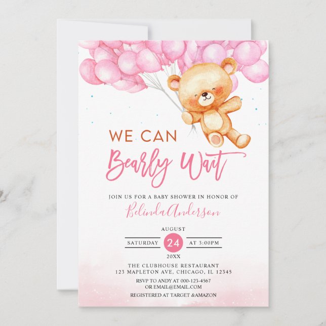 Invitation Pink On Peut Attendre Teddy Bear Baby shower (Devant)