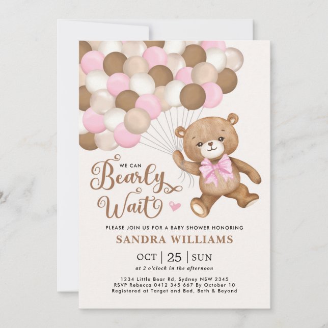 Invitation Pink On Peut Attendre Teddy Bear Baby shower (Devant)