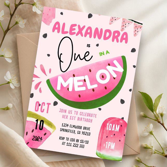 Invitation Pink One in A Melon 1st Watermelon Girl Birthday (Pink One in A Melon 1st Watermelon Girl Birthday Invitation)